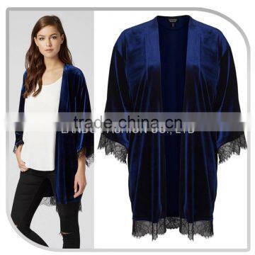 Navy Blue Velvet Materials Japan Sex Pron Loose Kimono Robes Blouse With Tassels for Women