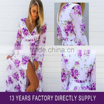 Summer Beach Flower Print Belted Front Split V Neck Long Sleeve Maxi Chiffon Dress