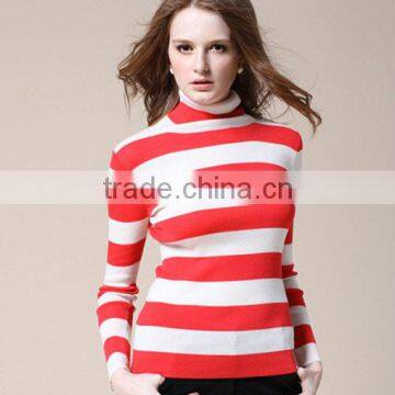 OEM Ladies Fashion Long Sleeve High Neck Stripe Knitting Woman Pullover Sweater for Winter