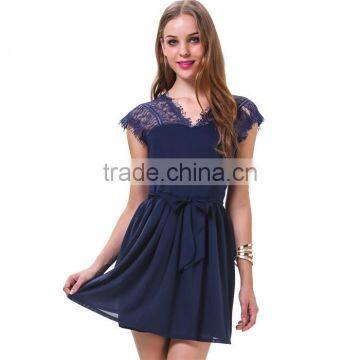 2014 Women New Arrival Casual Beach Fashion Evening Navy Bule V Neck Contrast Lace Belt Pleated Elegant Party Dress