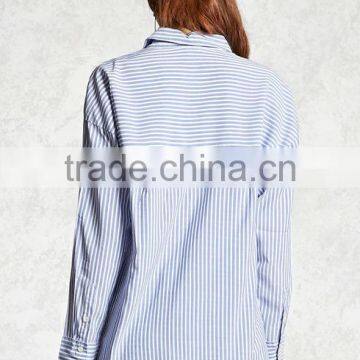 Woman Long Sleeve Striped Button Down Basic Collar Curved Hem Cotton Blouse photo-5