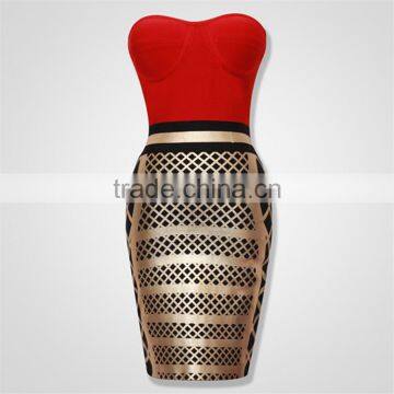 2015 Top Quality Stripless Red And Gold Joining Together Celebrity Bodycon Fashion Dresses Elegant Evening Sexy Dress