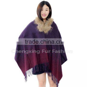 CX-B-P-43G 2016 New Product Noble Shawl Hand Made Wholesale Cashmere Capes And Raccoon Fur Trim Cape