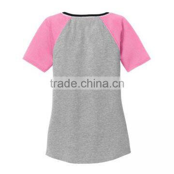 Fashion Women Grey and Pink Blank Raglan V-neck High Visibility T-shirts photo-3