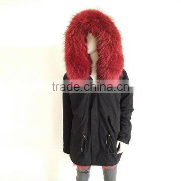 Myfur Navy Cotton Custom Parka Coat for Women With Red Real Fox Fur Lining photo-2