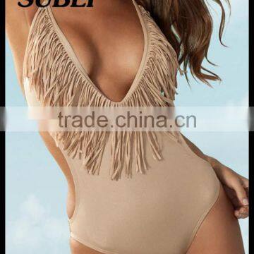 Sexy tassel solid color piece swimsuit plain V-neck tassel bikini swimsuit