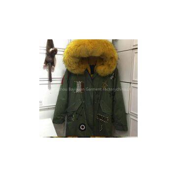 2016 Yellow  Winter Fur Coat,Britain Flag Women Faux Fur Coat,Real Hood For Women Fur Coat