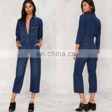 Dark blue washed denim jumpsuit for women 2016
