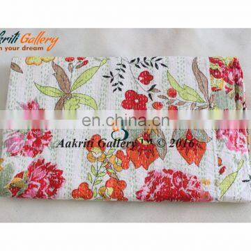 Quilt Twin Bed Cover Flower Design Kantha Quilt Throw White Color Handmade Bedsheets