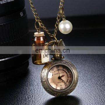 Wholesale Vintage Quartz Watch, Free Shipping Pocket Watch with Alloy Chain and Rabbit Header Wishing Bottle Pearls