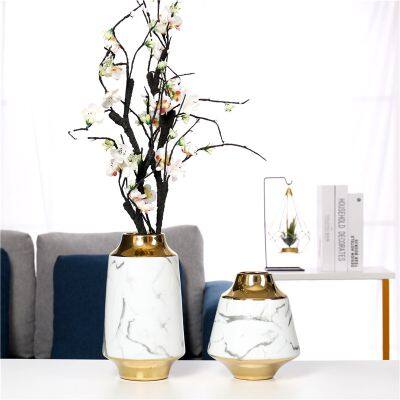 White Marbling Ripple Electroplate Gold Modern Ceramic Flower Vase Decoration Art For Showroom photo-3
