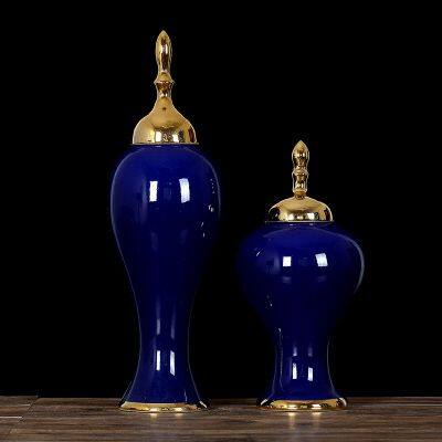 Modern Simple Jingdezhen Gild Large Blue Ceramic Plant Vase For Shopping Mall Decor photo-2