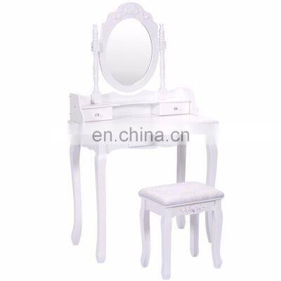 Bathroom 3 Drawers Round Mirror Vanity Wood Makeup Dressing Table Stool Set make up table