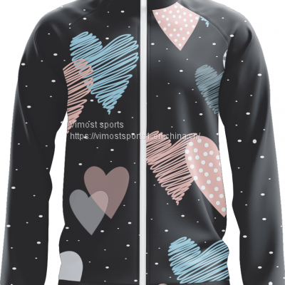 Custom Sublimation Black Jacket of Heart Shape Pattern with White Zipper
