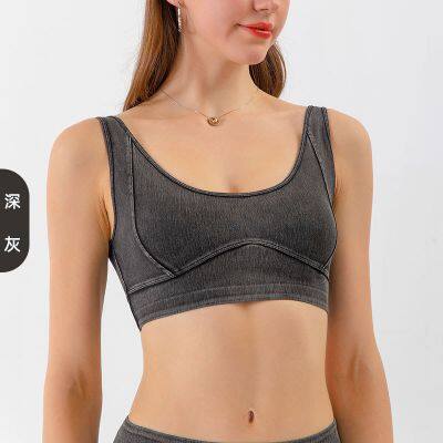 Detachable Molded Cup Denim Yoga Sports Bra for Women, Tight Fitting, Elastic, High-strength, Shock-absorbing, Gathered Fitness Bra photo-3