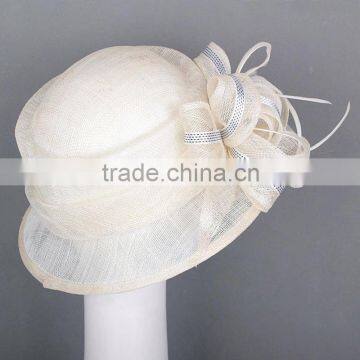 White Sinamay Wedding Hat with Feather Decoration