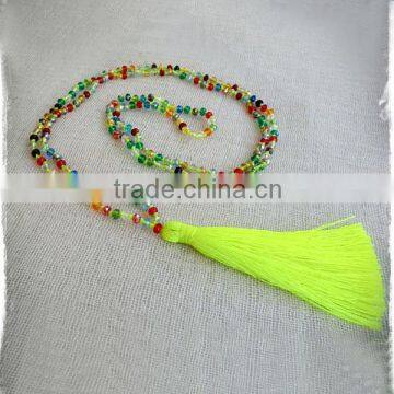 NE2260 Fashion hand knotted multicolor crystal mala beads necklace with yellow tassel