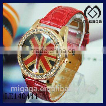 FASHION LEATHER STRAP CRYSTAL SET BEZEL FLAG WATCH the Union Flag WATCH