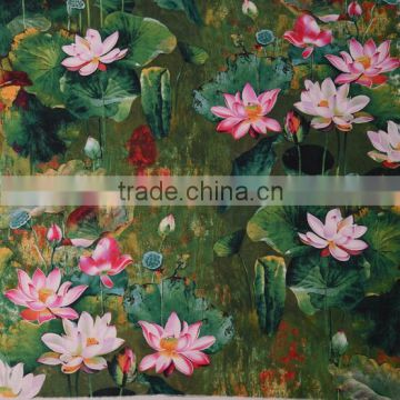 linen-cotton oil painting style lotus printed fabric