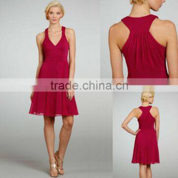 Custom Made Wholesale V-neck A-line Natural Waist Racer Back Chiffon Knee Lengthh Bridesmaid Dress 5329