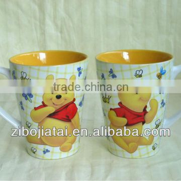 Inner Yellow Glazed Ceramic Funnel Mug With Lovely Cartoon Decal Printing