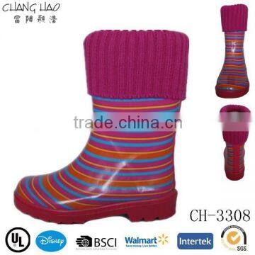 Waterproof Cheap Kids Rain Boot with Knitting Wool Colar