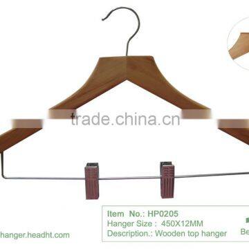 Our HEAD flat wooden suit hangers have a chrome swivel hook and a chrome bar with adjustable, non-staining clips for hanging set