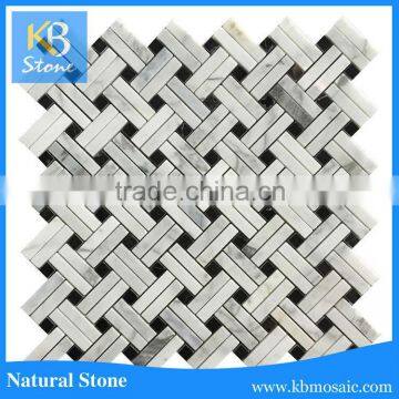 Polished white basket weave marble mosaic tile with black dot