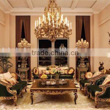 Vintage Wood Carved European Sofa, Hand Painting Wooden Living Room Sofa Set, Button Tufted Chesterfield Genuine Leather Sofa
