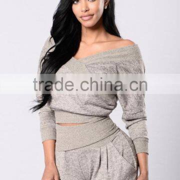 Cotton Sweat Suit Fabric Long Sleeve Crop Top Sweatshirt & Custom Jogger Sweatpants 2 Piece photo-5