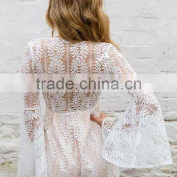 Ladies Fashion White Lace v Neck Long Flare Sleeve Adult Romper photo-3