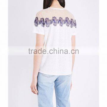 Customized Wholesale Lady's Apparel Simple Classic Floral Linen and Lace T-shirt(DQM005T) photo-2
