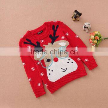 kid Red Sweater Reindeer Head Pattern Christmas Pullover