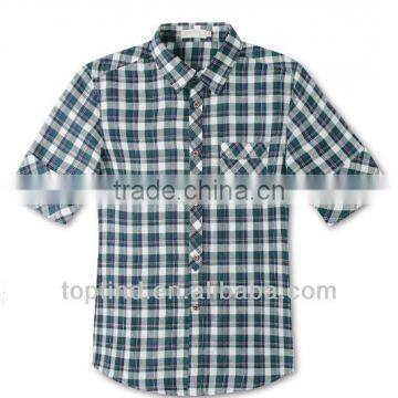 Leisured linen style fitted half-sleeve plaid shirts for Men