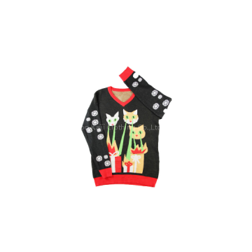 2015 Fall Christmas Gift Sweater Soft Acrylic Colorful Jacquard Snow Cat V-Neck Pullover