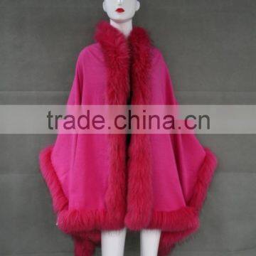 Hot Sale Winter Red Cashmere Cape / Fashion Ladies Shawl With Raccoon Fur Collar