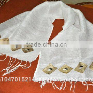 Hand woven linen cotton scarf with golden hand embroidery