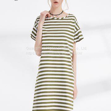 100% Cotton Short Sleeve O Neck Parallel Stripe Long Slimming Dress