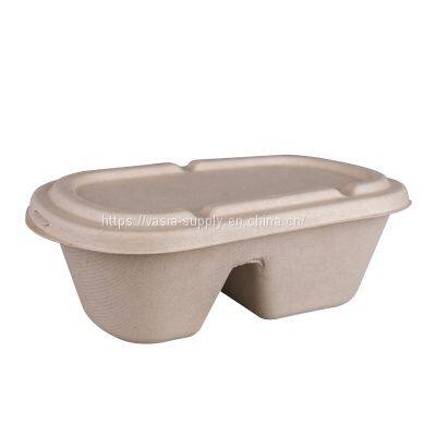 Disposable biodegradable Bagasse Sugarcane pulp Bento Box 1000ml 2- Compartment  container