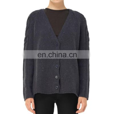 Ladies v neck wool cardigan sweater with cable design on sleeves