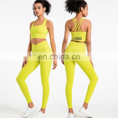 Nude Feeling Sexy Straps Bra Match Front Cross Leggings Two Piece Yoga Suit Set Women Gym Sports Outdoor Wear Fitness Clothes