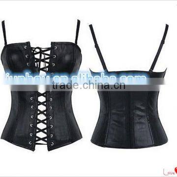 wholesale Junhou brand Sexy Lace Up Waist Training Black Faux Leather Corsets Bustier Top with Straps