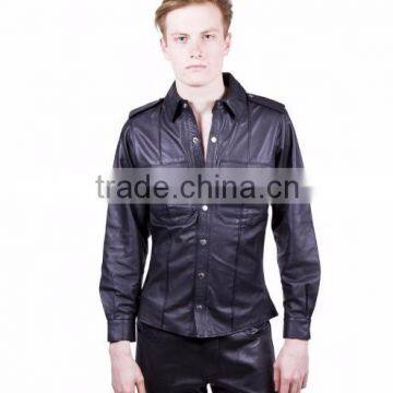 NEW 2015 GOTHIC BLACK BONDAGE LEATHER SHIRTS FULL SLEEVE SOFT LEATHER MATERIAL