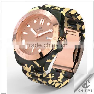 Camouflage men sport watch stainless steel inside case acetate out case