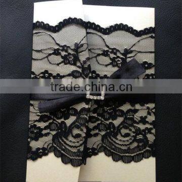 black ribbon with lace gatefold pocket vintage wedding invitation cards handmade