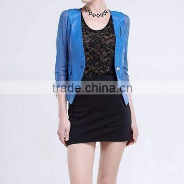 New autumn pu leather blazer jacket with transparent sleeves