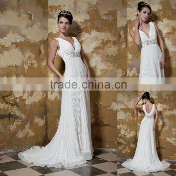 Real Sample White V-neck A-line Ruffles Chiffon Backless Wedding Dress xyy03-093