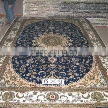 Persian handmade silk carpet beige and blue color