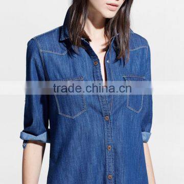Young Ladies Style Roll Up Sleeve Open Front Denim Washed Ladies Jeans Top Design photo-2