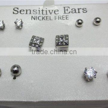 Fancy Silver Plating Copper & Cubic Zirconia Stud Earring Set with Five Pairs Earring